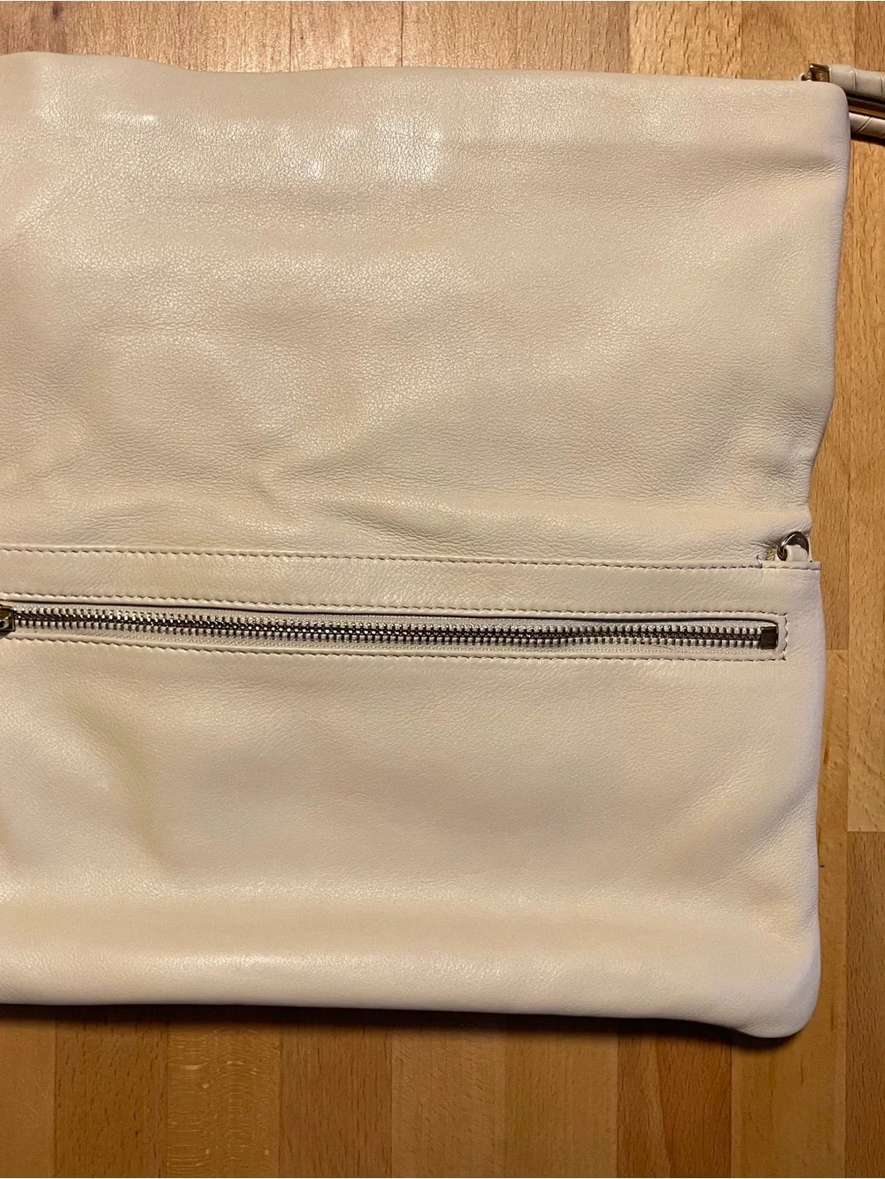 Cream Fold-Over Leather Clutch with Zip Accent